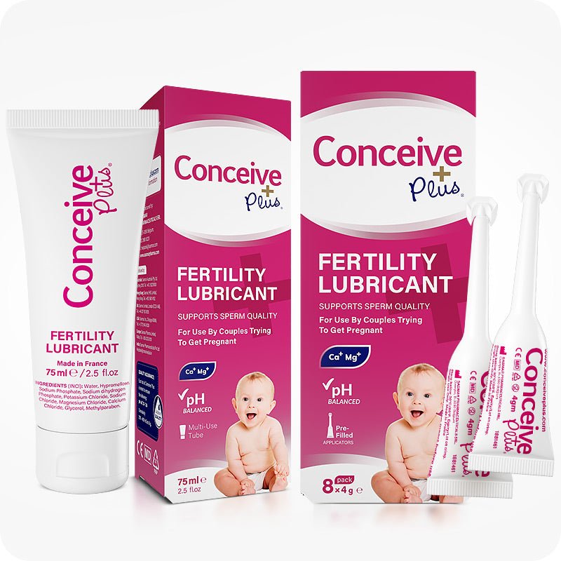 Conceive Plus Fertility Lubricant Combo showing a 75ml tube and box of fertility lubricant alongside an 8x4g pack of pre-filled applicators, all in white and pink packaging with baby imagery, displayed on a white background to highlight product variety for couples trying to conceive.