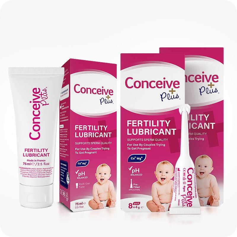 Conceive Plus Fertility Lubricant Saver (3) featuring a trio bundle with one 75ml fertility lubricant tube, two pink and white boxes of 8x4g pre-filled applicators, and a single applicator displayed in front, all set against a white background with baby imagery and fertility-friendly labeling.