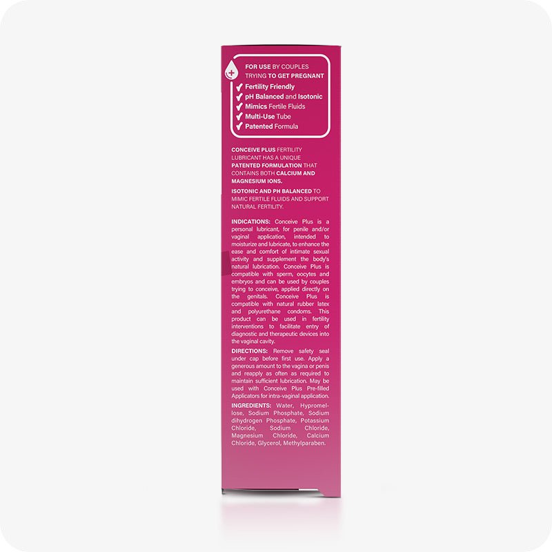 Side panel of Conceive Plus Fertility Lubricant Tube 75ml retail box displaying product benefits, usage directions, patented formula highlights, and detailed ingredient list.