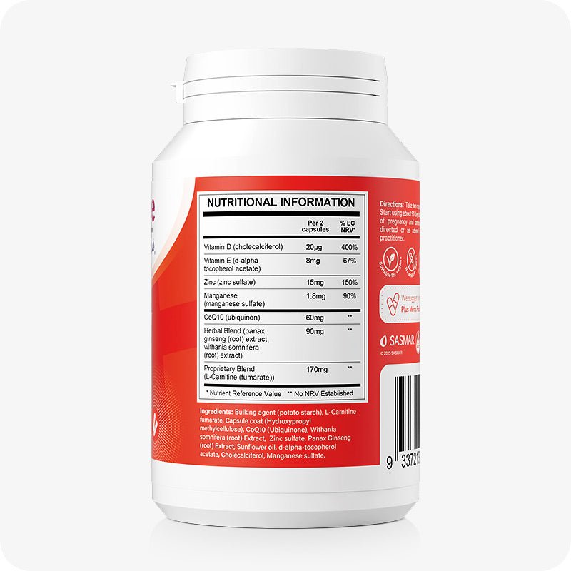 For Conceive Plus Maximum Fertility Bundle, image of men’s motility support supplement bottle in a red and white color scheme, turned to display nutritional information label—featuring ingredients like CoQ10, zinc, L-carnitine, vitamin D, and a proprietary herbal blend for male reproductive health.