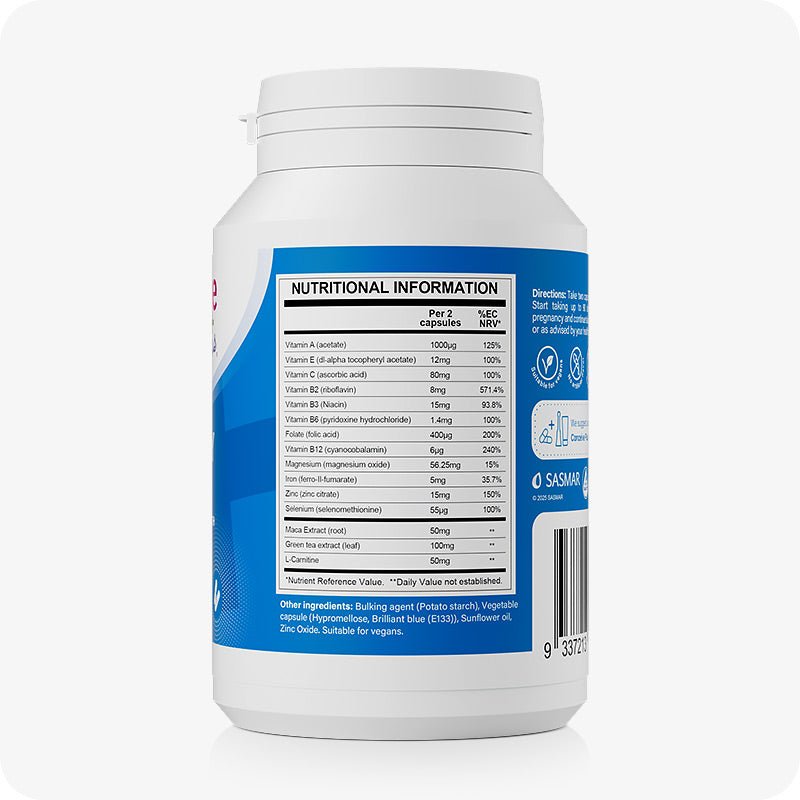For Conceive Plus Maximum Fertility Bundle, image of men’s fertility support bottle in a blue and white design, turned to display full nutritional information panel—listing key ingredients such as zinc, selenium, folate, and maca root, along with dosage per serving and vegan suitability.