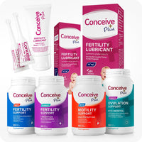 Conceive Plus Maximum Fertility Bundle image showing a complete fertility support pack with six products, including men's and women's fertility support supplements, ovulation support, motility support, and two fertility lubricant products—featuring bold color-coded packaging in blue, purple, teal, red, and magenta with baby graphics and product details clearly visible.