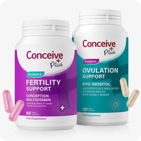 Conceive Plus Ovulation Bundle Fertility + Ovulation Support product image featuring two supplement bottles—one in purple labeled “Women's Fertility Support” with 60 pink capsules, and other in teal labeled “Ovulation Support” with 120 beige capsules—designed to aid women’s conception health and hormonal balance, displayed on a white background.