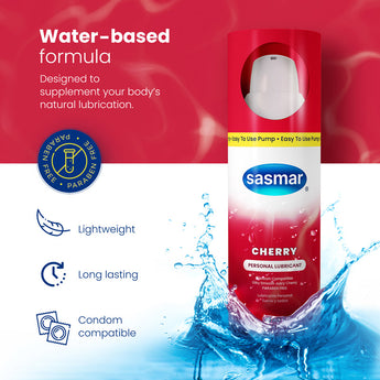 SASMAR Cherry Personal Lubricant is a silky smooth long lasting water-based lubricant. A few drops go a long way and help supplement dryness and friction without los