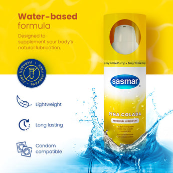SASMAR Pina Colada Personal Lubricant is a silky smooth long lasting water-based personal lubricant. A few drops go a long way and help supplement dryness and fricti