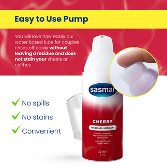 SASMAR Cherry Personal Lubricant is a silky smooth long lasting water-based lubricant. A few drops go a long way and help supplement dryness and friction without los