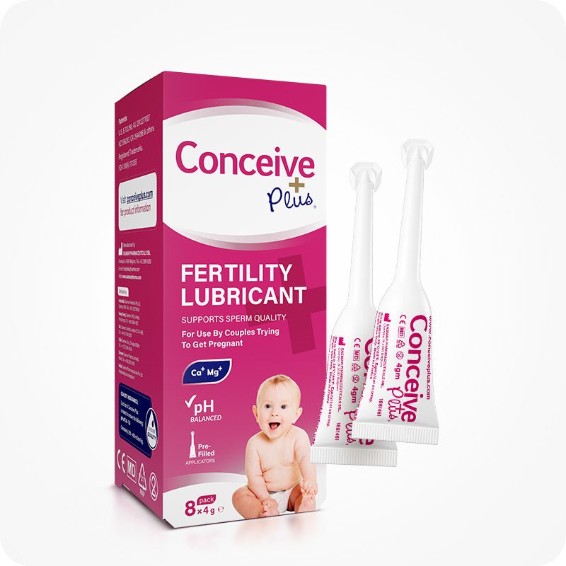 Conceive Plus Fertility Lubricant Pre-Filled Applicators featuring an 8-pack retail box in pink and white design with a baby image, calcium and magnesium ion icons, and two clear applicators displayed beside the box on a white background.