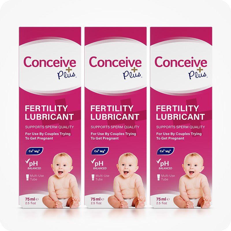 Three boxes of Conceive Plus Fertility Lubricant Tube 75ml arranged in a row, featuring consistent pink and white packaging with baby images and key product benefits for conception support.