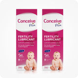 Two boxes of Conceive Plus Fertility Lubricant Tube 75ml placed side by side, both featuring pink and white packaging with baby image, highlighting pH balanced formula for couples trying to conceive.