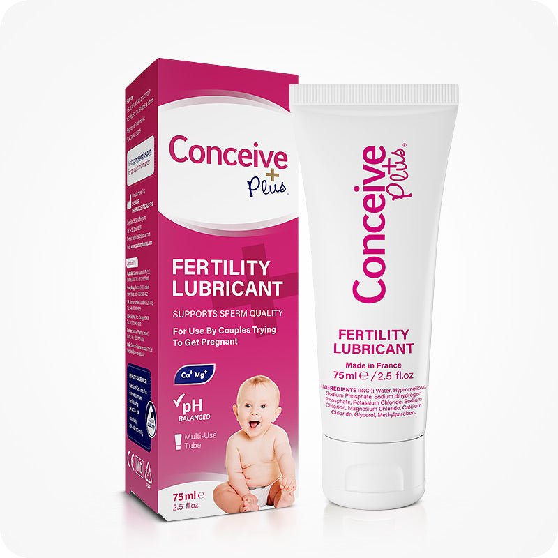 Conceive Plus Fertility Lubricant Tube 75ml shown standing beside its pink and white retail box with baby image and fertility support claims, designed for couples trying to get pregnant.