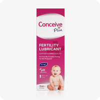 Conceive Plus Fertility Lubricant Tube 75ml retail box in pink and white with bold product labeling, pH balanced claim, and baby image indicating use for couples trying to conceive.