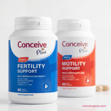 Two Conceive Plus men's fertility support supplement containers on a white background.