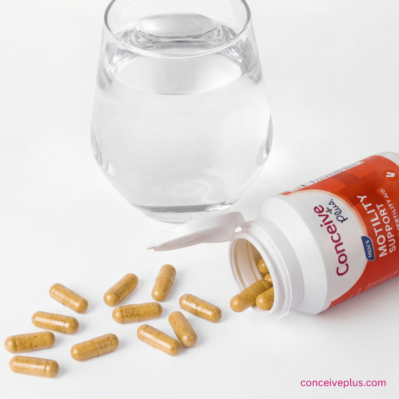 Conceive Plus motility support capsules with a glass of water on a white background